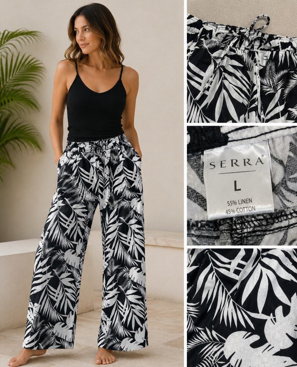 Coastal Serra Women's Wide Leg Linen Blend Pants Size L Black White Tropical